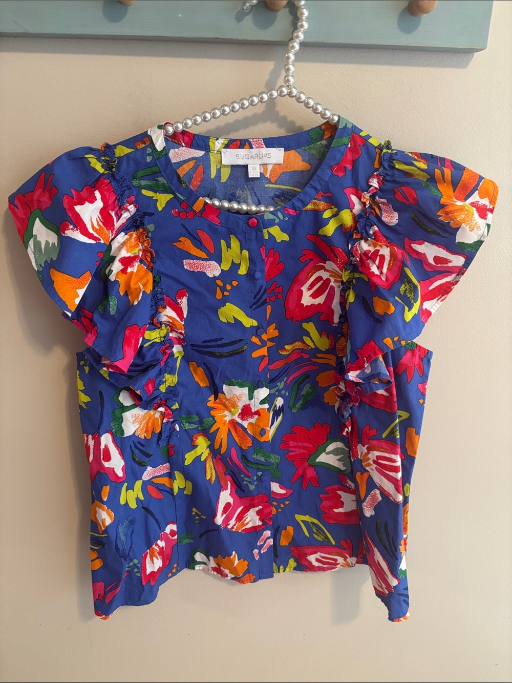 Sugarlips Floral Blouse M Medium Blue Pink Paint Stroke Ruffle Cap Sleeve Cotton